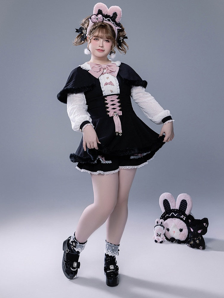 Full Shorts Black Pink Bunny Matching Cape Set Kei Brooch Dress Ear Jirai Bow + Lace Plush