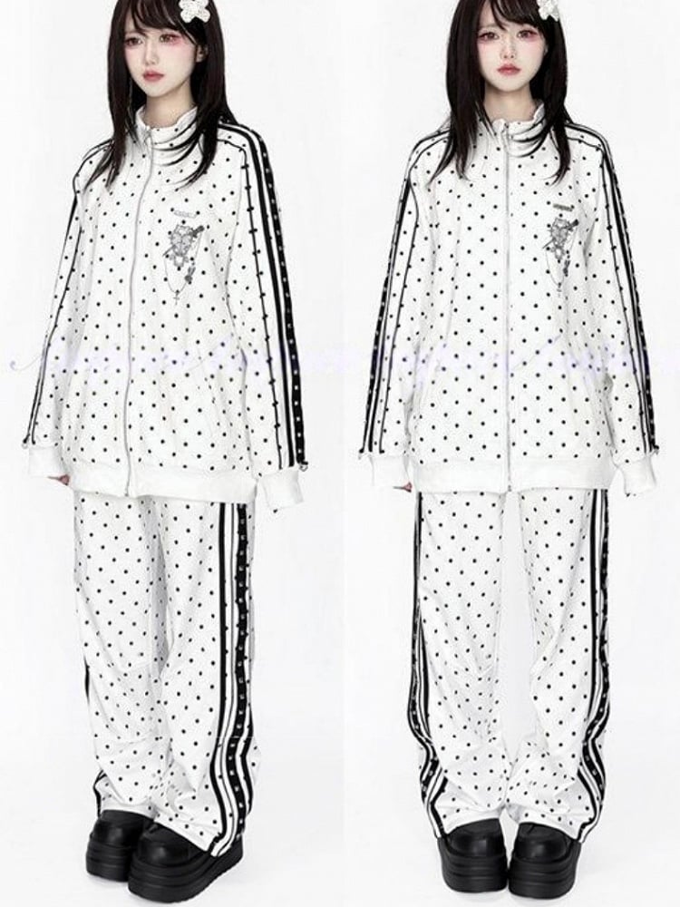 with Jirai Decorations Striped Kei Casual Stud Polka Pants Dot White