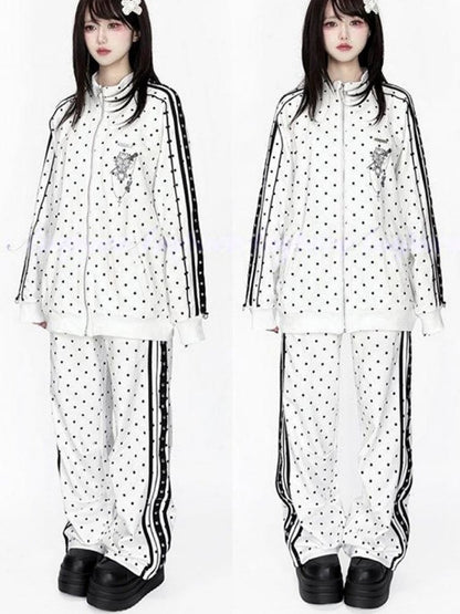 with Jirai Decorations Striped Kei Casual Stud Polka Pants Dot White