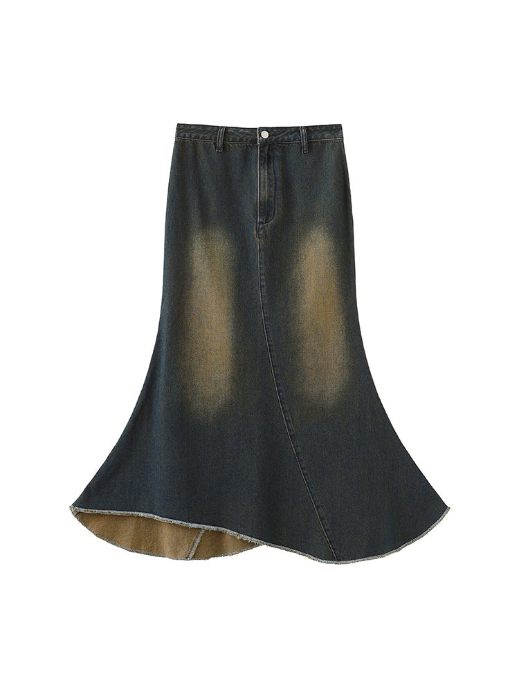 Washed Hem Denim Mermaid Skirt Vintage Blue Irregular with