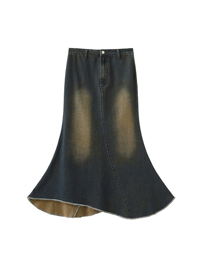 Washed Hem Denim Mermaid Skirt Vintage Blue Irregular with