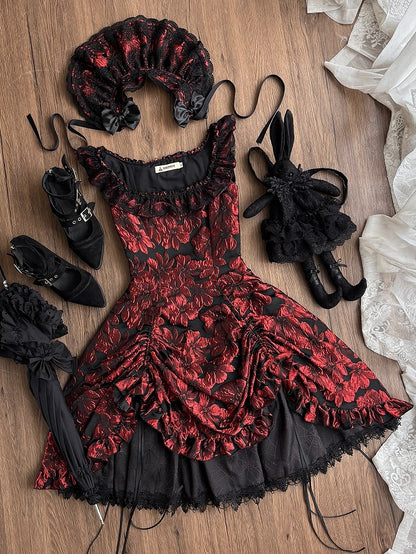 Red and Black Lace Trim JSK Gothic Lily - Miss Point