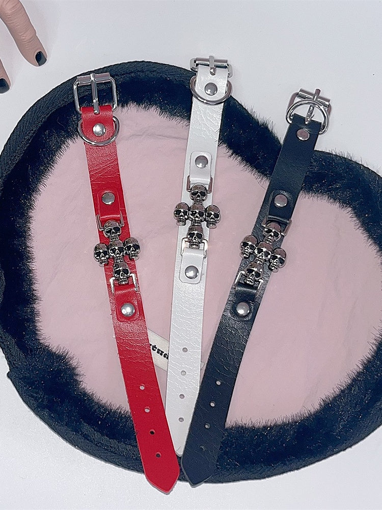 Y2K Black/White/Red Cross Punk Skull Bracelet PU Metal