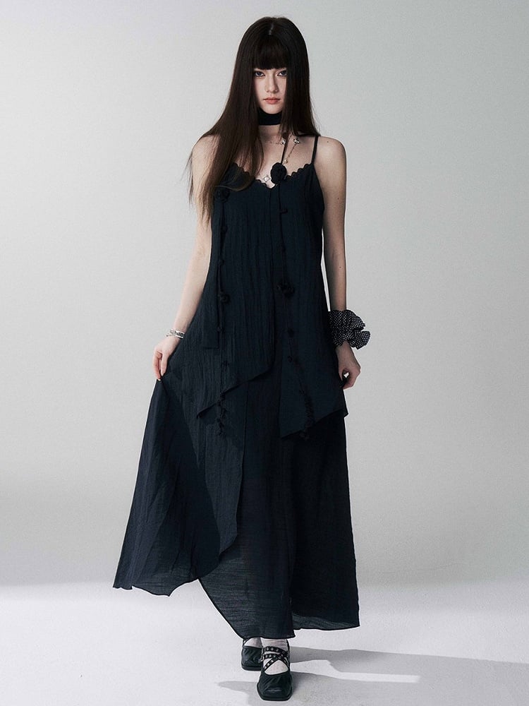 Black V-Neck Spaghetti Strap Long Dress with Scarf - Lady Ghost