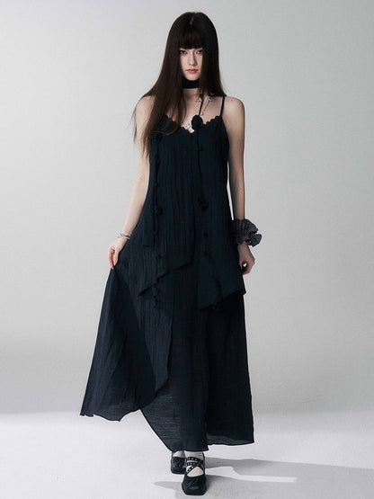 Black V-Neck Spaghetti Strap Long Dress with Scarf - Lady Ghost