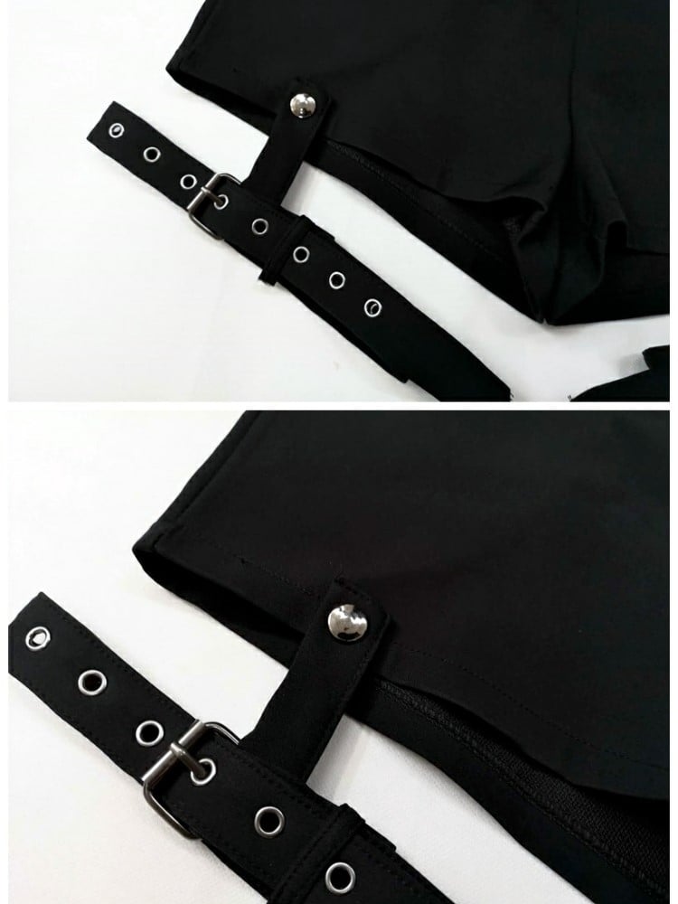 Punk with Buckle Gothic Leg Cross Rings Black Shorts Detachable Charms