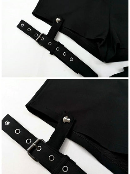 Punk with Buckle Gothic Leg Cross Rings Black Shorts Detachable Charms