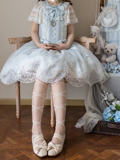 Blue Flutter Sleeve Lolita Dress with Bows and Scallop Trim