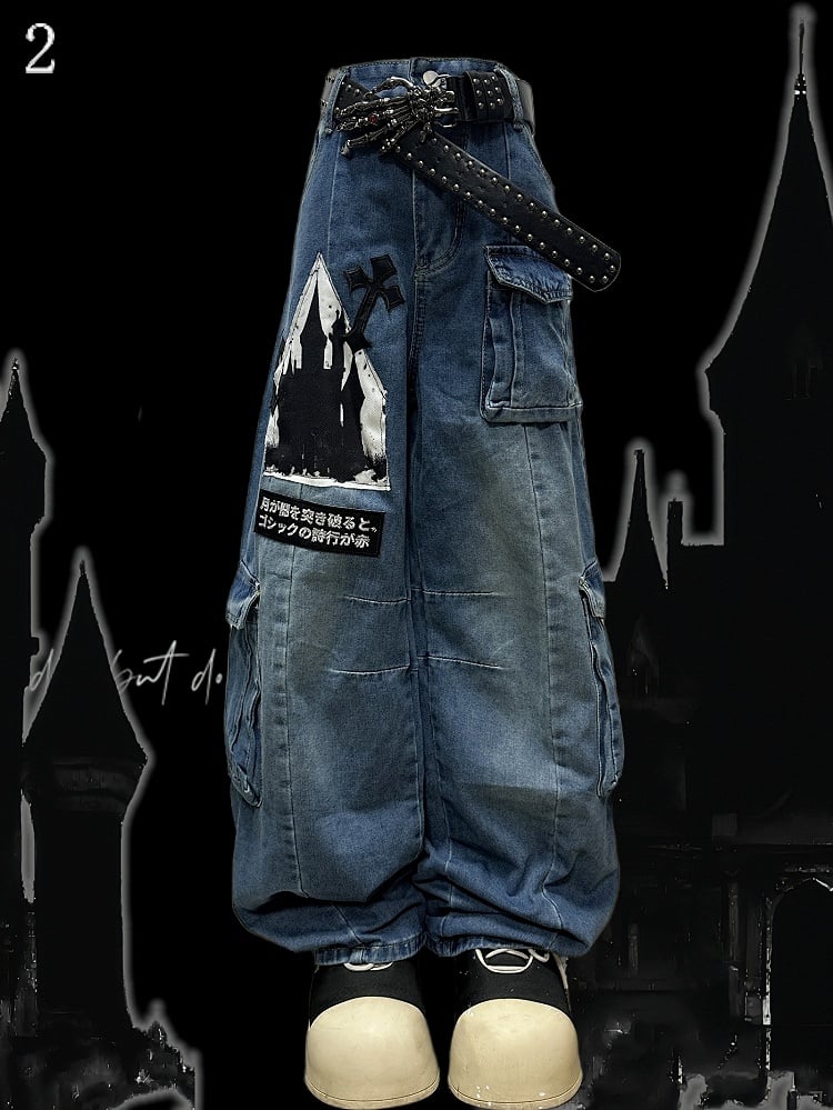 Verzierte Schnittjeans Cargo Y2K Buchstabentaschen Blau Weites Bein Applikation