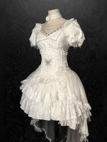 Corset Butterfly Gothic Lolita with Waist Boned Embroidery Tiered White Skirt