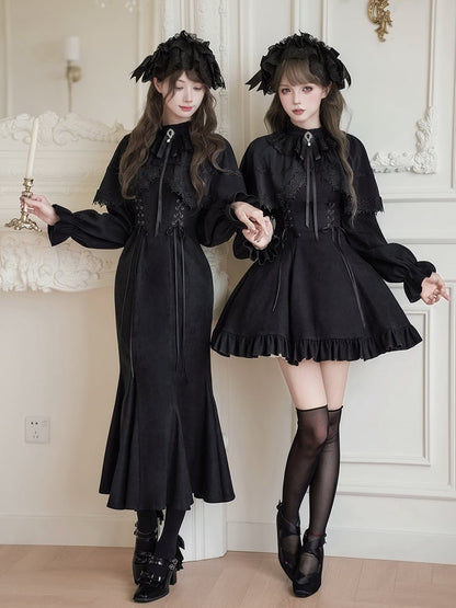 False Jirai Two-Piece Lace-up Black Cape Kei-inspired with Details Dress