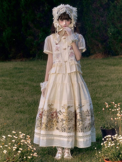 Beige Round Neck Sheer Tencel Top with Lace Accents - Yimu Walnut