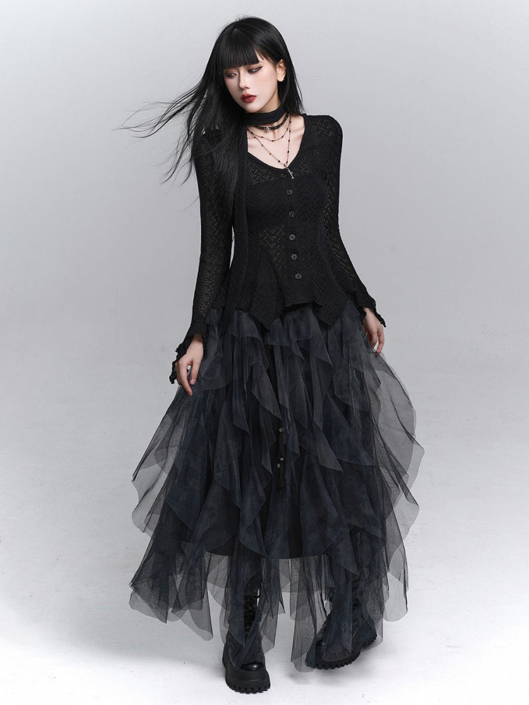 Skirt Asymmetrical Black  Tulle Cascading Gothic Ruffles with