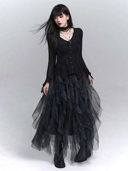 Skirt Asymmetrical Black  Tulle Cascading Gothic Ruffles with