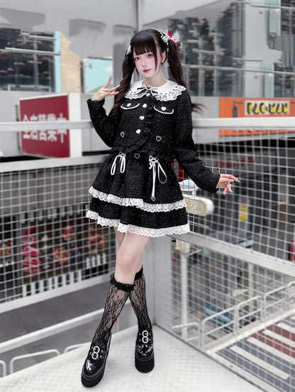 Jirai Jacket with Crop Kei Bow Heart and Accents Tweed Black Buttons