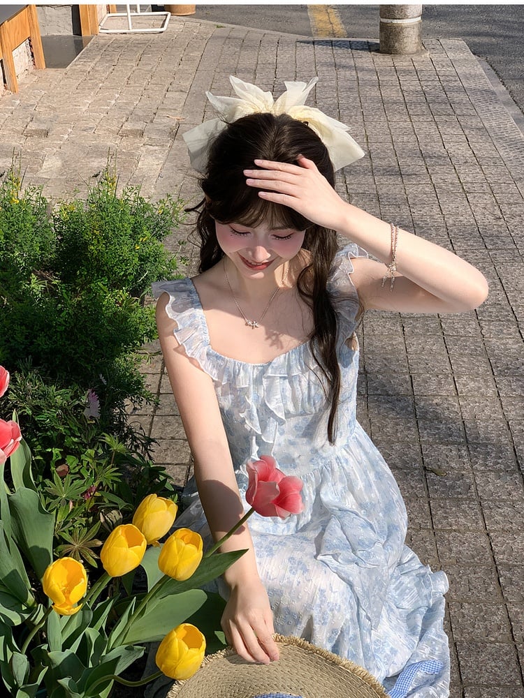 Sleeves Blue Flutter Cascading Ruffle Light Accents Floral Sleeveless Dress