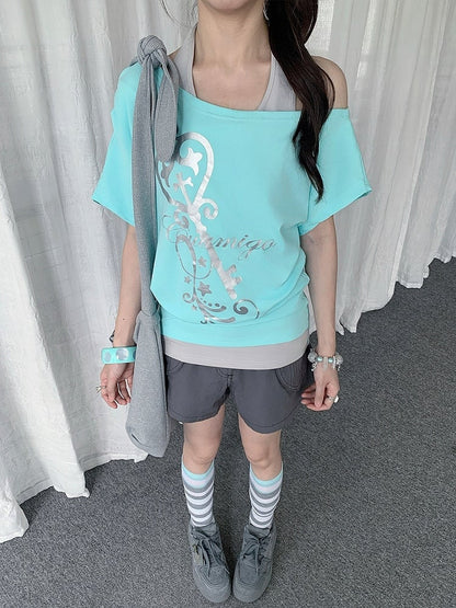 Mint Two-Piece Off-Shoulder Tee with Key Graphic - Solkatt