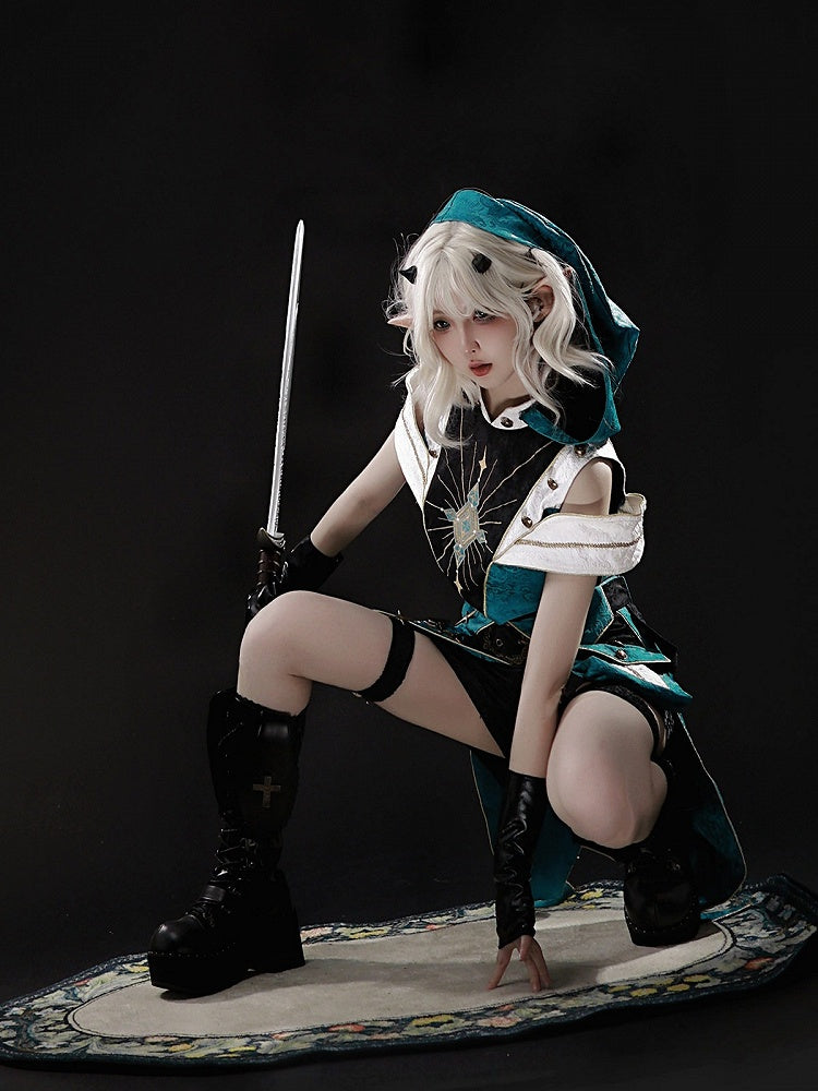 Teal Ouji Lolita Cutout Hooded Top + Asymmetric Metal Button Shorts Set - Xiong Dou Jiang