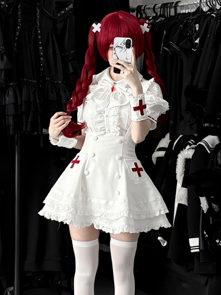 White Lace Blouse & Skirt Set with Straps & Bow - Shi Zhai Xin