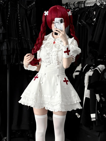 White Lace Blouse & Skirt Set with Straps & Bow - Shi Zhai Xin