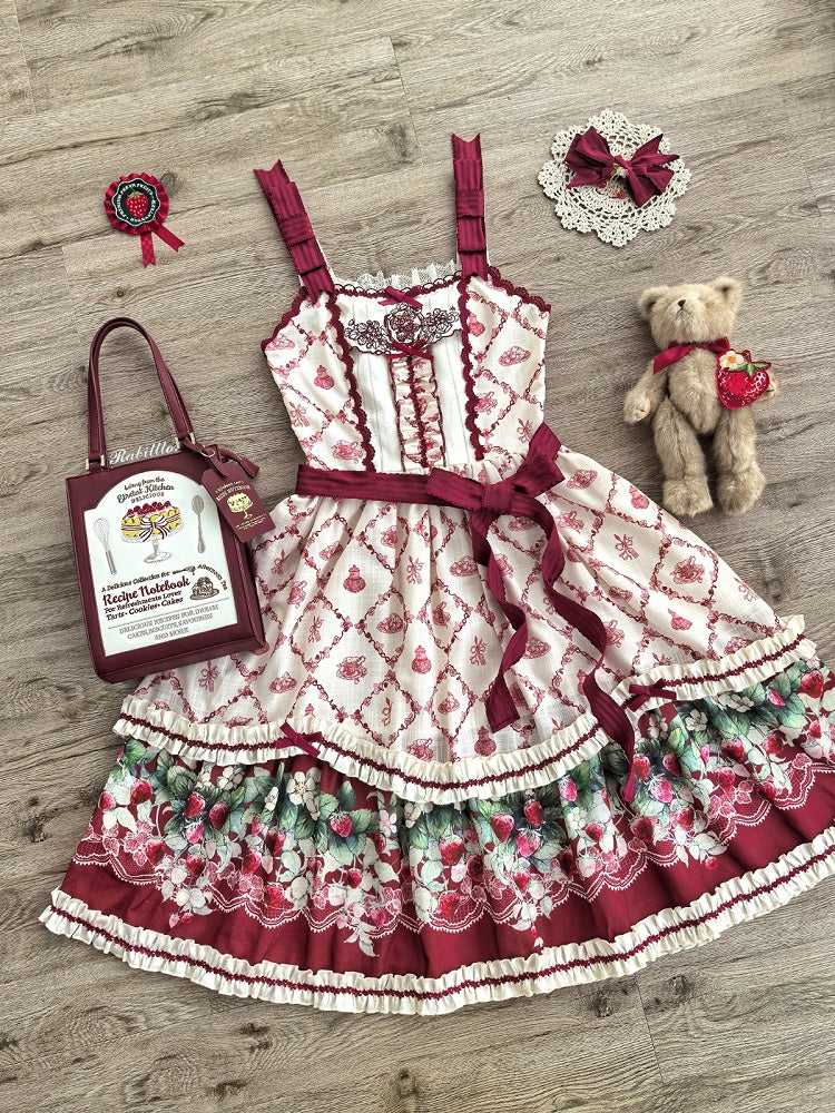Strawberry Garden Red & White Floral Printed Lolita JSK Gown - Currant
