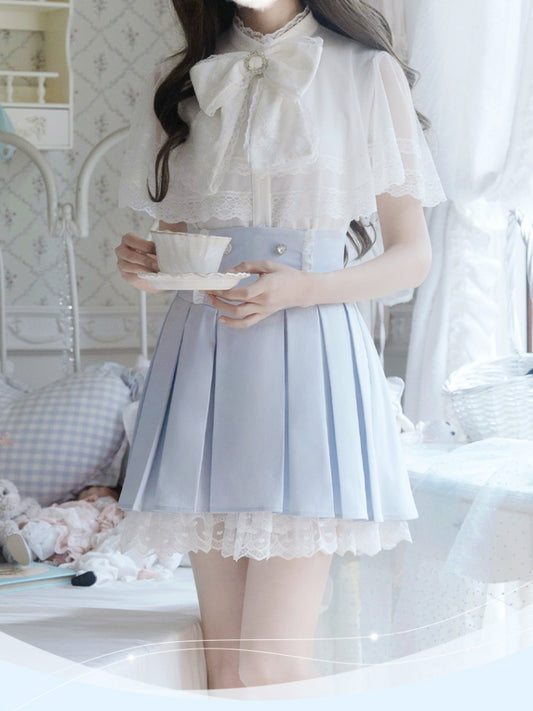Jirai Kei Set Box Pleat Skirt+ Cape Top+ Blue Trim Bow Tie White Lace