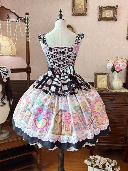 Charcoal Lace Bear-Print JSK with Bow Accents - Sweet Dream Shop
