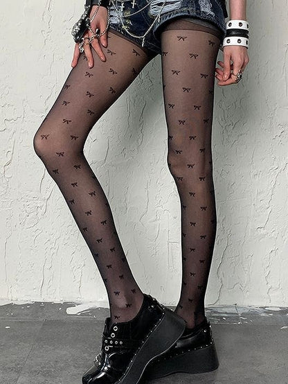 Y2K Fashion Print Gyaru Black Bowknot Tights