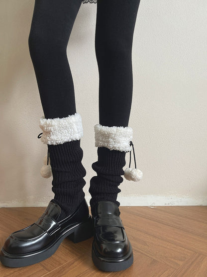 Warmers Ribbed Leg with Cuff Mid-Calf Sherpa Pom-Poms