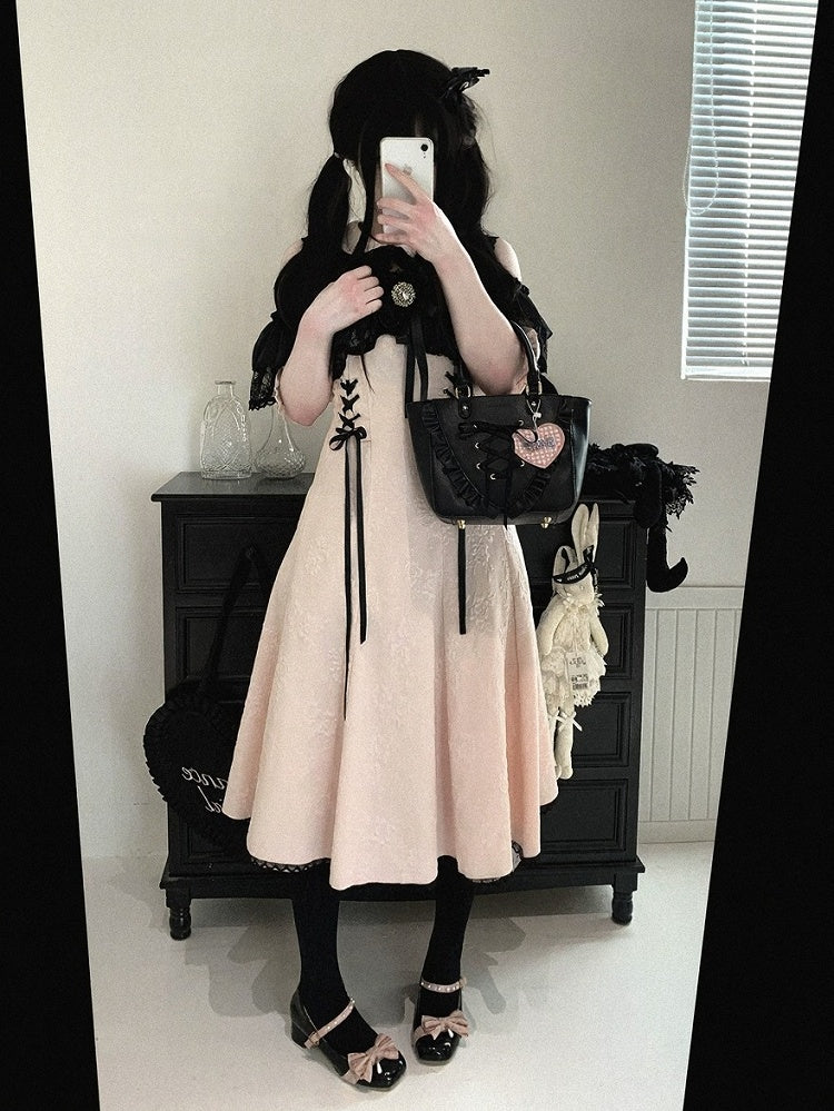 Off-Shoulder Jacquard Dress with Bow Accents, Peter Pan Collar, 4 Colorways - Kitty Bxllet
