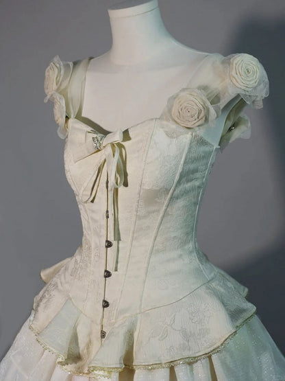 Lolita Accents Corset Rose Beige Jacquard Shoulder Top with