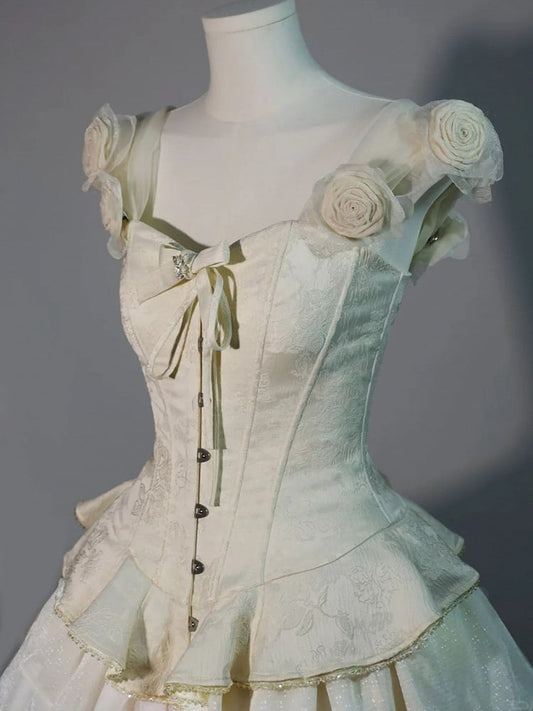 Lolita Accents Corset Rose Beige Jacquard Shoulder Top with