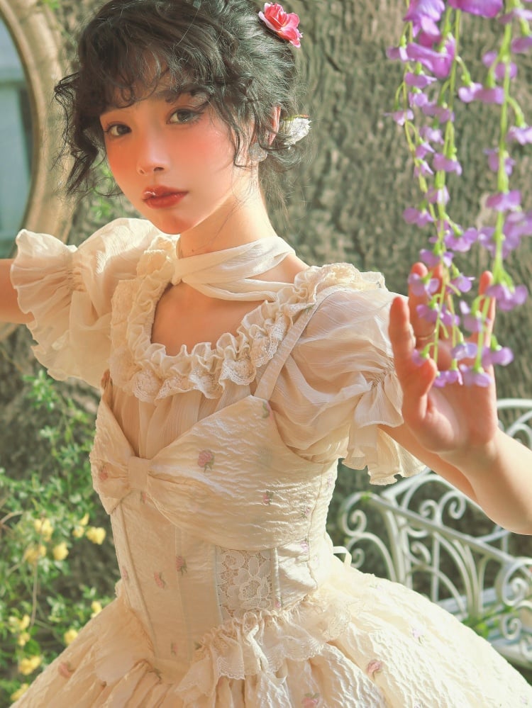 花柄フリルトリムブラウスコルセットトップセット