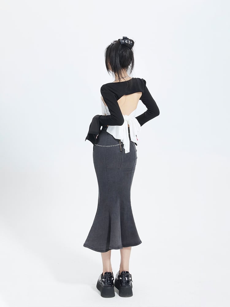 Skirt Back Slit with Zipper Denim Mermaid Ink Black Front