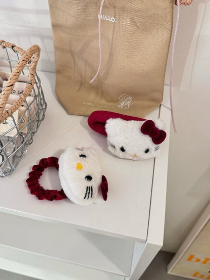Red Kawaii Cat Hair Tie and Hairclip Set - IVONA boutique