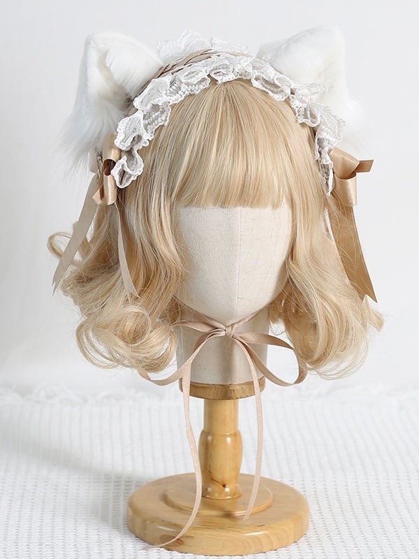 Beige White Sweet Bowknot Hairband Green Ears Cat With Lace Detachable Lolita / Pink