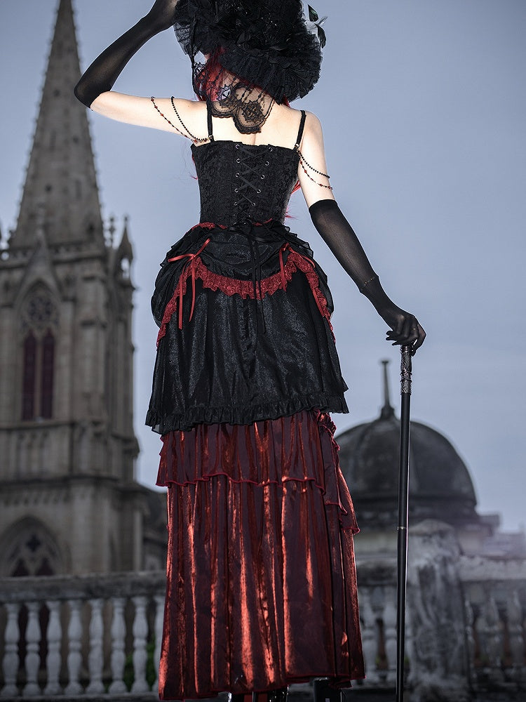 Black Red Gothic Corset Top and Skirt Set with Choker - Xiong Dou Jiang
