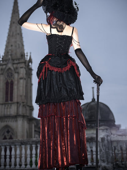 Black Red Gothic Corset Top and Skirt Set with Choker - Xiong Dou Jiang
