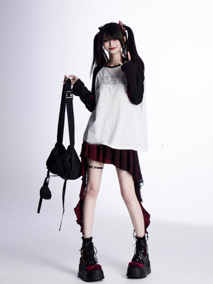 Lockere Oberteilärmel, schwarz-weißes Colorblock-Design, Sternapplikationen