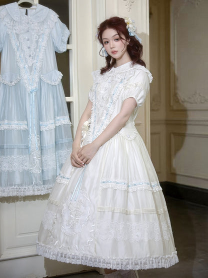 White Peter Pan Collar Lolita Long Dress with Lace and Embroidery