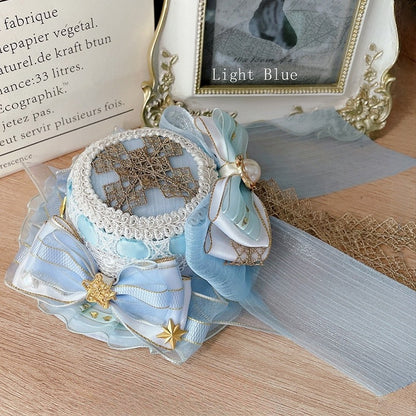 Light/Dark Blue Idol Lolita Cross Embroidered  Star And Beaded Decorated Bowknot Details  Mini Hat