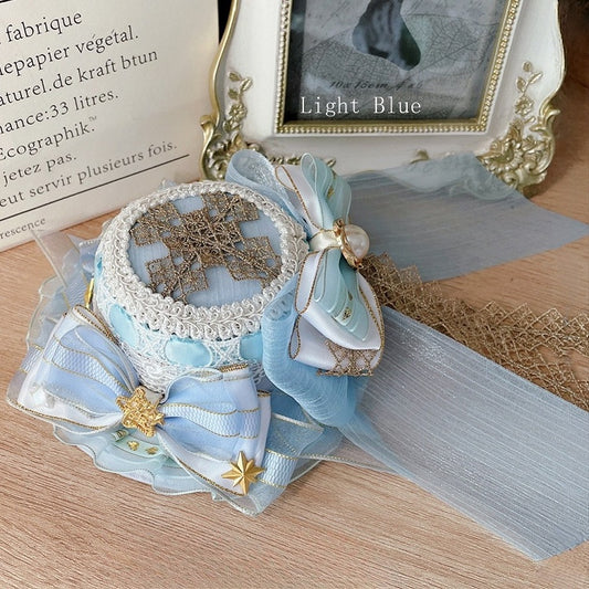 Light/Dark Blue Idol Lolita Cross Embroidered  Star And Beaded Decorated Bowknot Details  Mini Hat