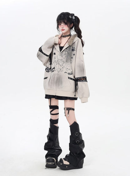 Collar Fur Punk Faux Detail with Lace-Up Coat Khaki/Black Loose