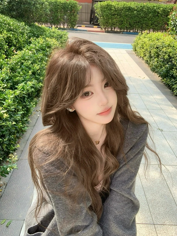 Wavy Brown Curtain Bangs Wig 60CM Long | Hui Ran