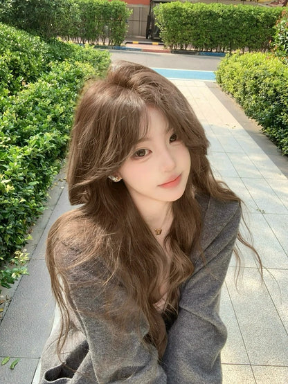 Wavy Brown Curtain Bangs Wig 60CM Long | Hui Ran