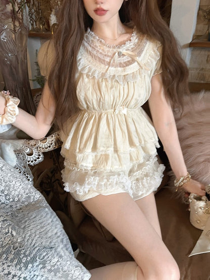 Top Trim Hem Apricot With Lace Sleeves Puff Peplum