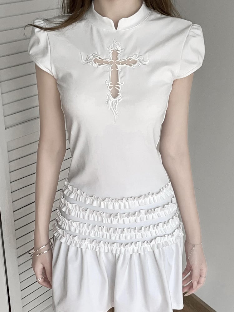 Dress Embroidery Cheongsam / Applique Black Cross with White Organza