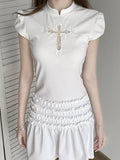 Dress Embroidery Cheongsam / Applique Black Cross with White Organza