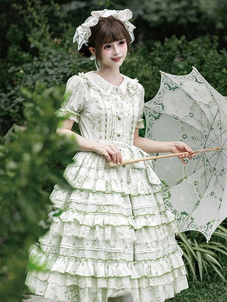 Sweet Jasmine Embroidered Green OP Lolita A-Line Gown with Puff Sleeves & Tiered Skirt - ZHIJINYUAN