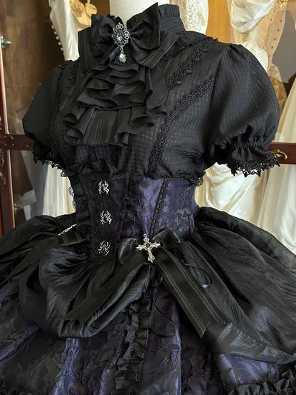 Gothic Puff Sleeve Shirt, Spider Cross, Black & Purple with Bowknot Collar - Pear Island Sweet Tea